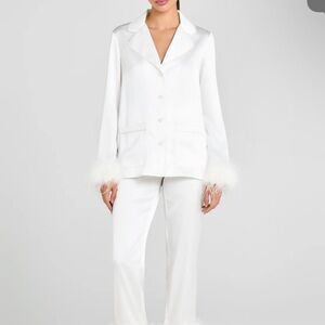 NADINE MERABI White Satin Feather-Trim Pajama Set